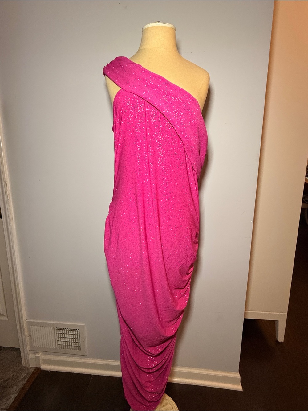 Fashion Nova One-Shoulder Fuchsia Body-con Draped Evening Dress